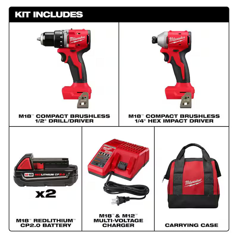 18-Volt Lithium-Ion Brushless Cordless Compact Drill/Impact Combo Kit (2-Tool) with Batteries, Charger and Bag I4371