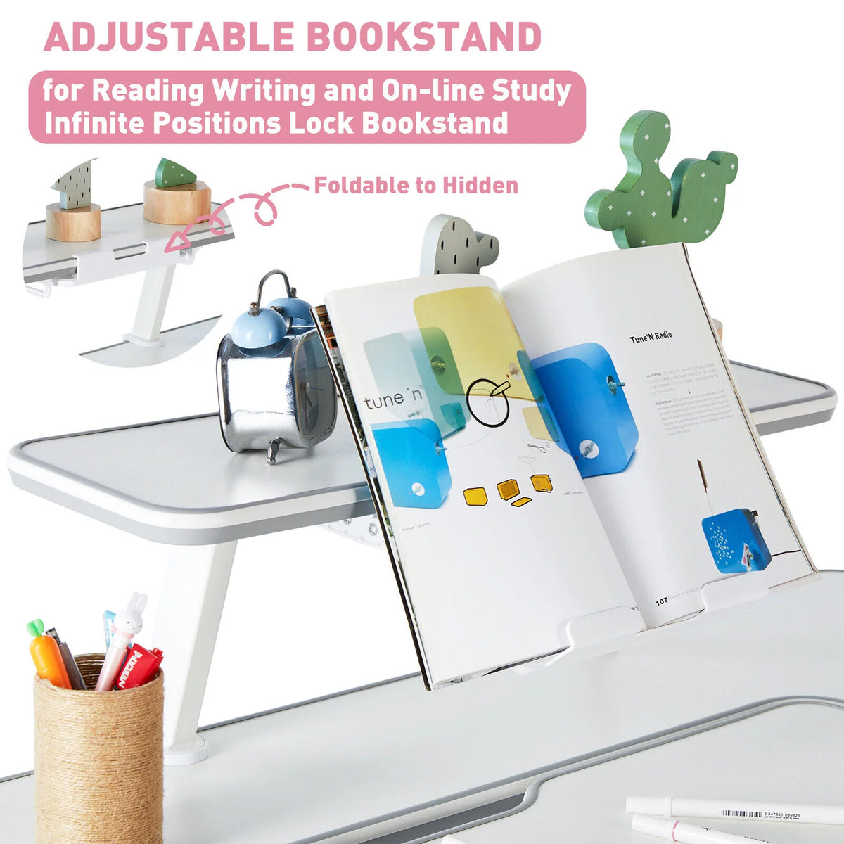 Kids Study Desk and Chair Set Adjustable with Drawer and Bookstand Pink Z180442