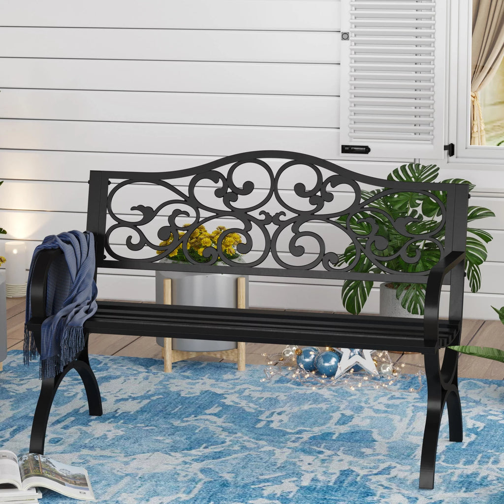 50" Outdoor Iron Cast Garden Park Bench - Black K21036