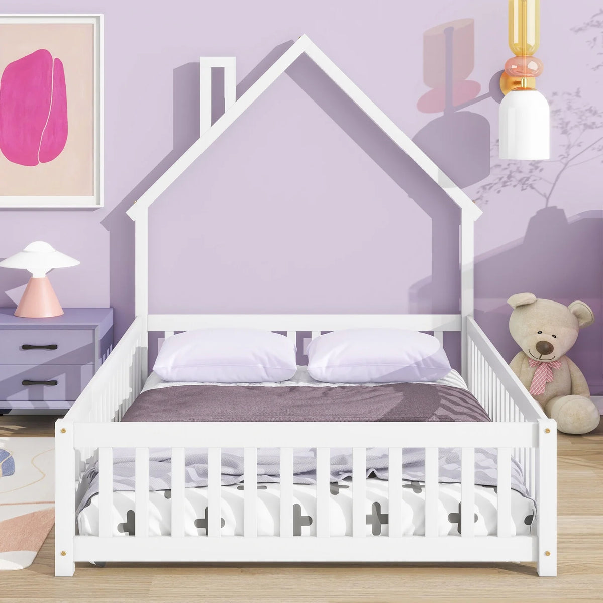 Grey Twin Size Wood Floor Bed with Fence A302211