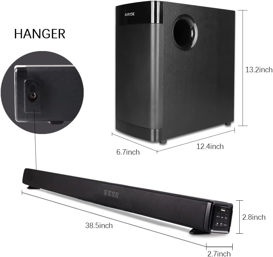 38.5” 2.1 CH Sound Bar with 5.25 inch Subwoofer, Bluetooth 5.0, HDMI(ARC), Optical, COAXIAL, AUX, RCA, USB, Black W6111