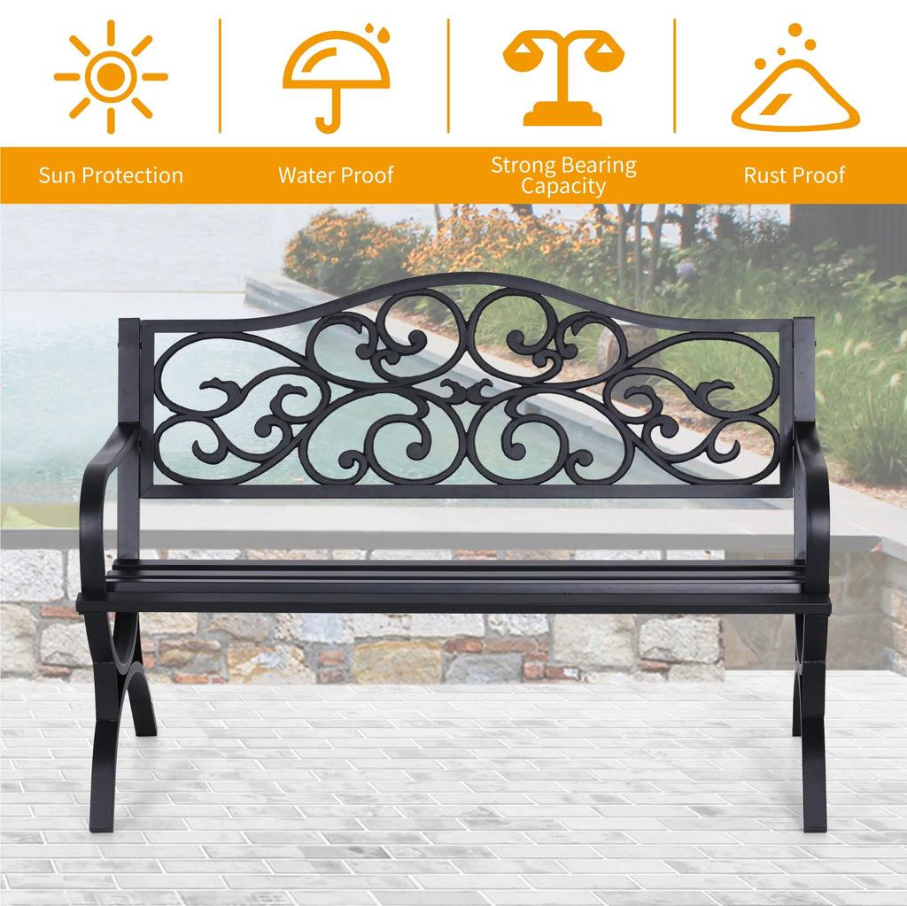 50" Outdoor Iron Cast Garden Park Bench - Black K21036