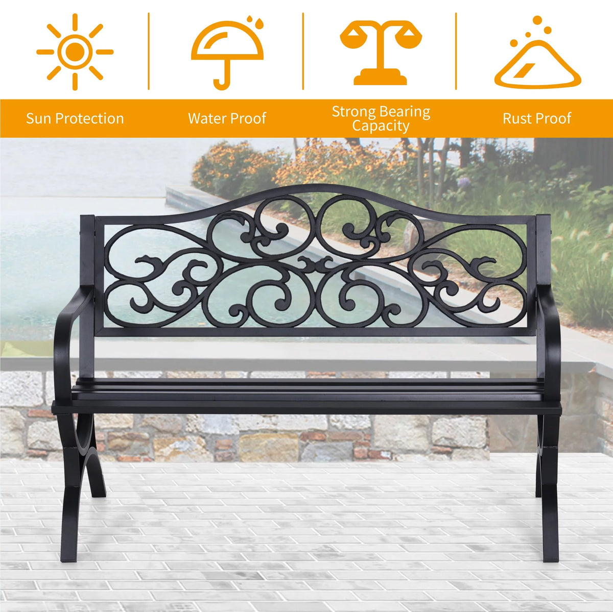 50" Outdoor Iron Cast Garden Park Bench - Black K21036