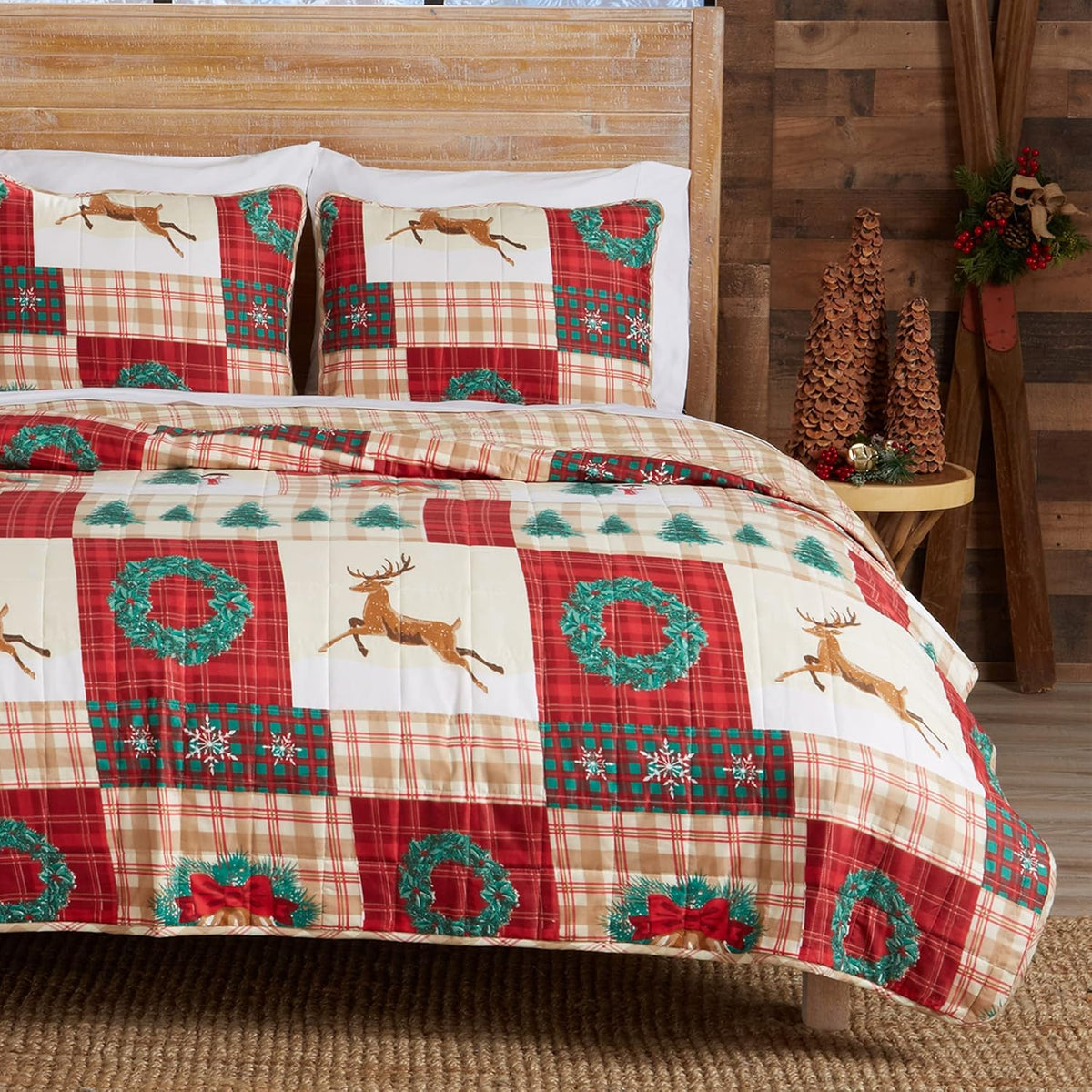 Forest Green 3-Piece Reversible Quilt Set with 2 Shams F294958