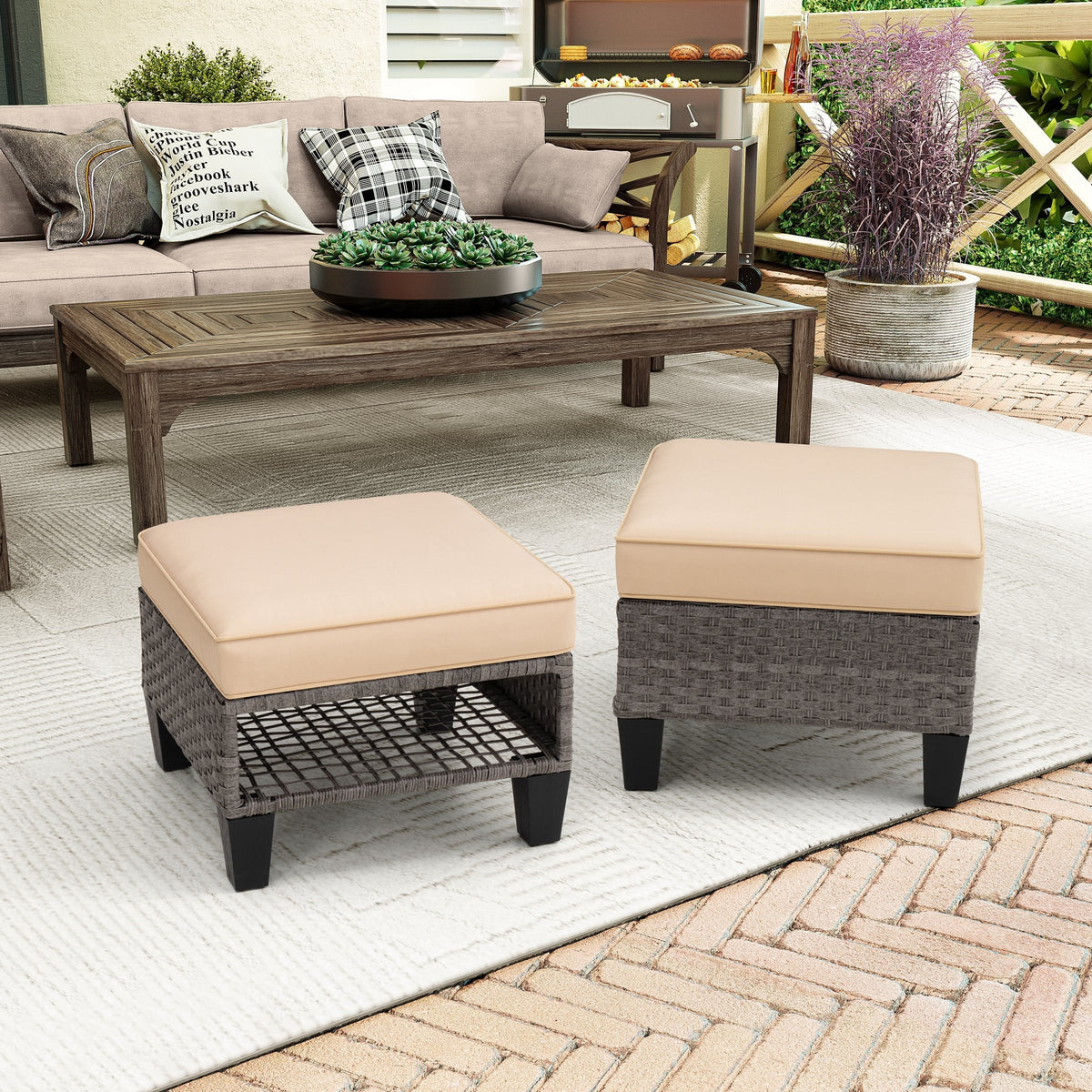 Square Rattan Storage Ottomans Set of 2 with Cushion F3282