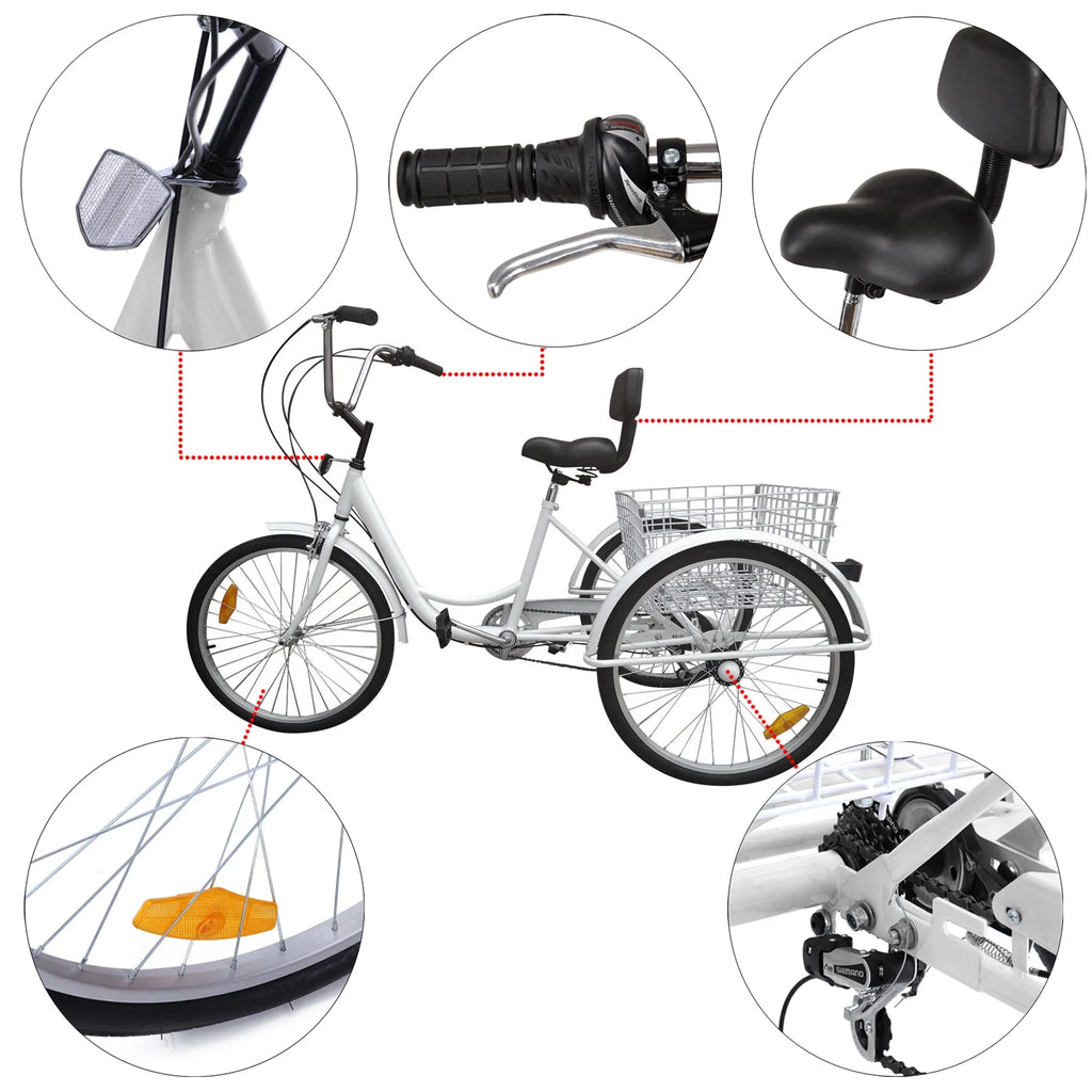 24" 7-Speed 3-Wheel Tricycle with Basket White C586877