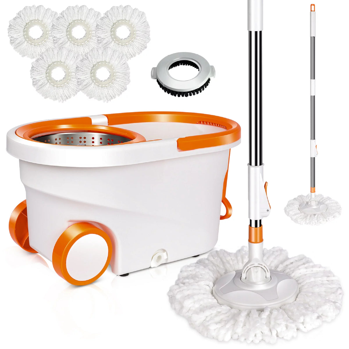 Spin Mop and Bucket System with Wringer Set, 6 Microfiber Mop Heads I313978