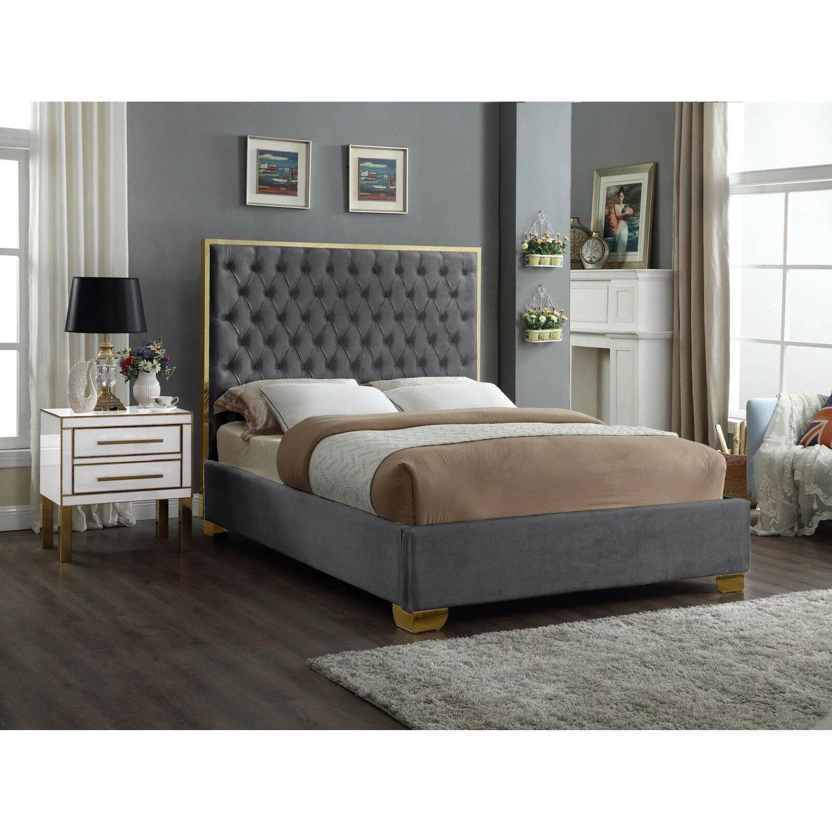 Solid Wood and Velvet King Bed in Navy E814832
