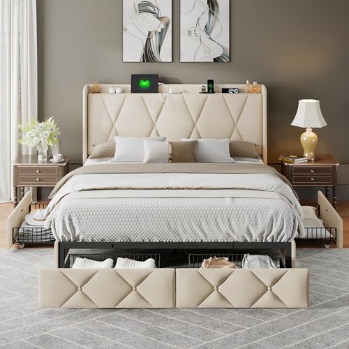 Light Grey Twin Upholstered Platform Bed Frame with 3 Storage Drawers Y1694