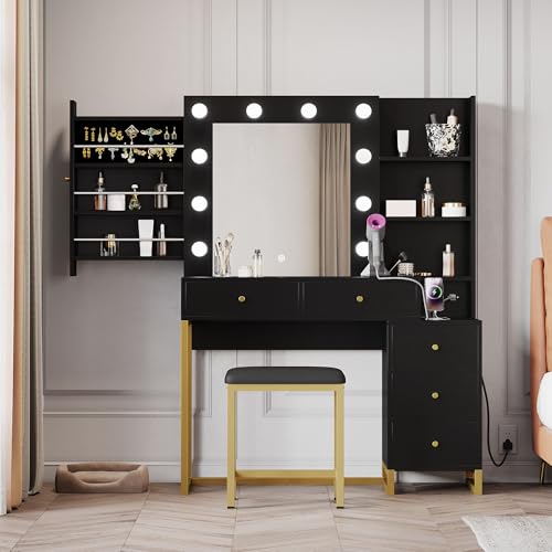 Black Makeup Vanity Desk with Mirror and Stool Q92945