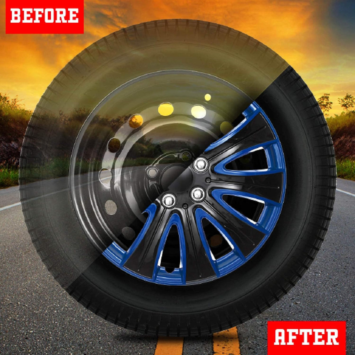15 Inch Set of 4 Black and Blue Car Wheel Hubcaps W33742