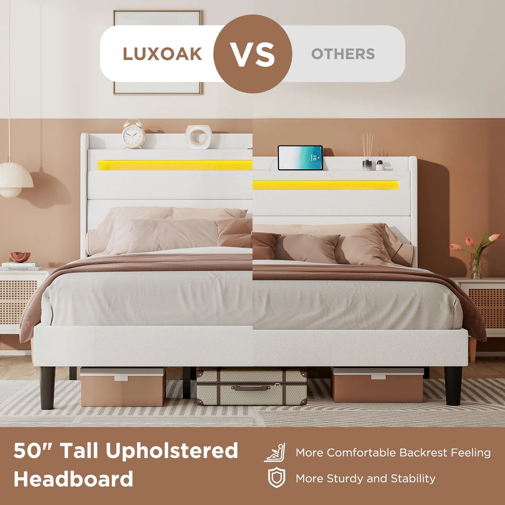 Queen Size White Linen Upholstered Platform Bed with Storage Headboard O2373