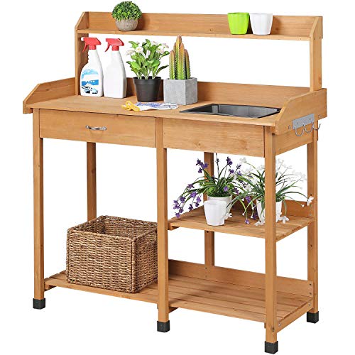 Natural Wood Potting Bench with Sink Drawer Rack Shelves P6531
