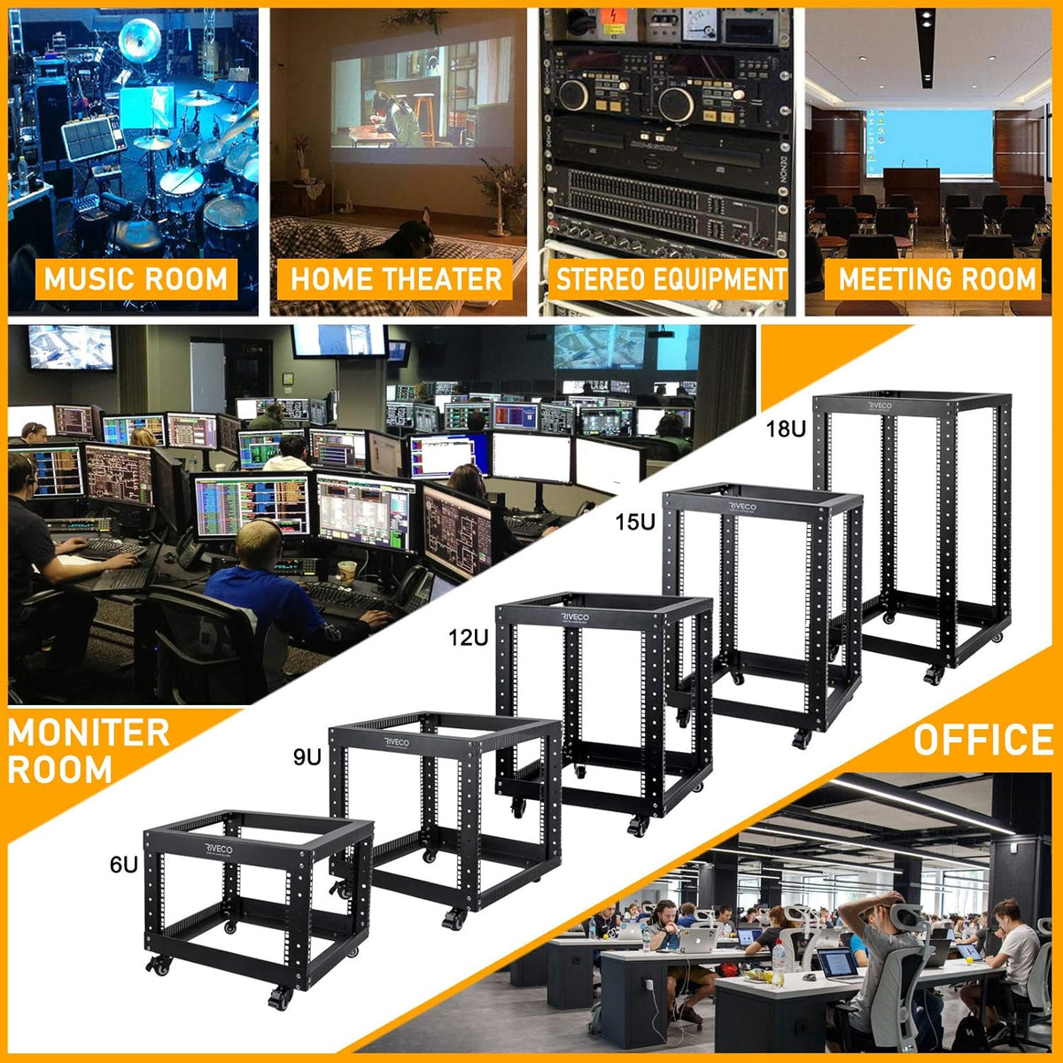 12U Open Frame Server Rack with Casters, 4 Post, 19-inch, Black D500