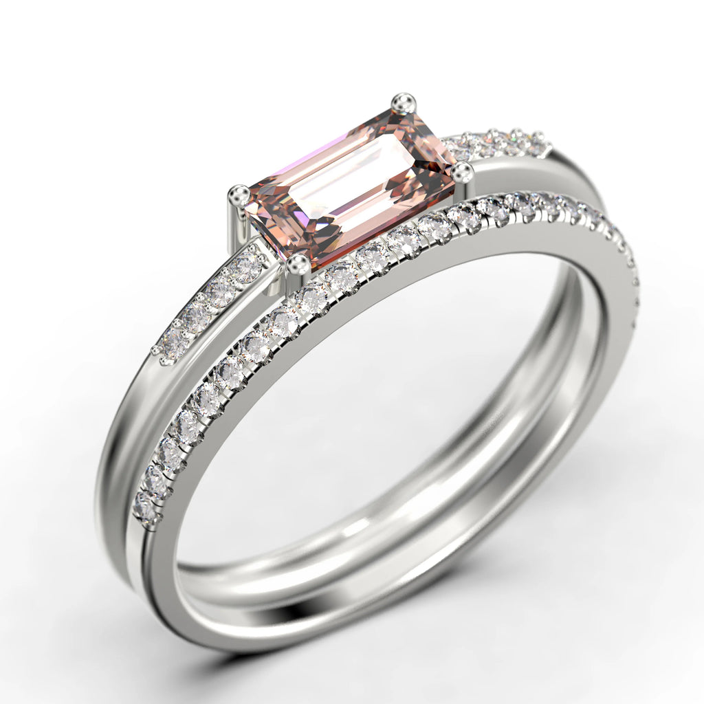 1.45 Carat Emerald Cut Morganite And Diamond Moissanite Engagement Ring in Silver With 18k White Gold Plating M776