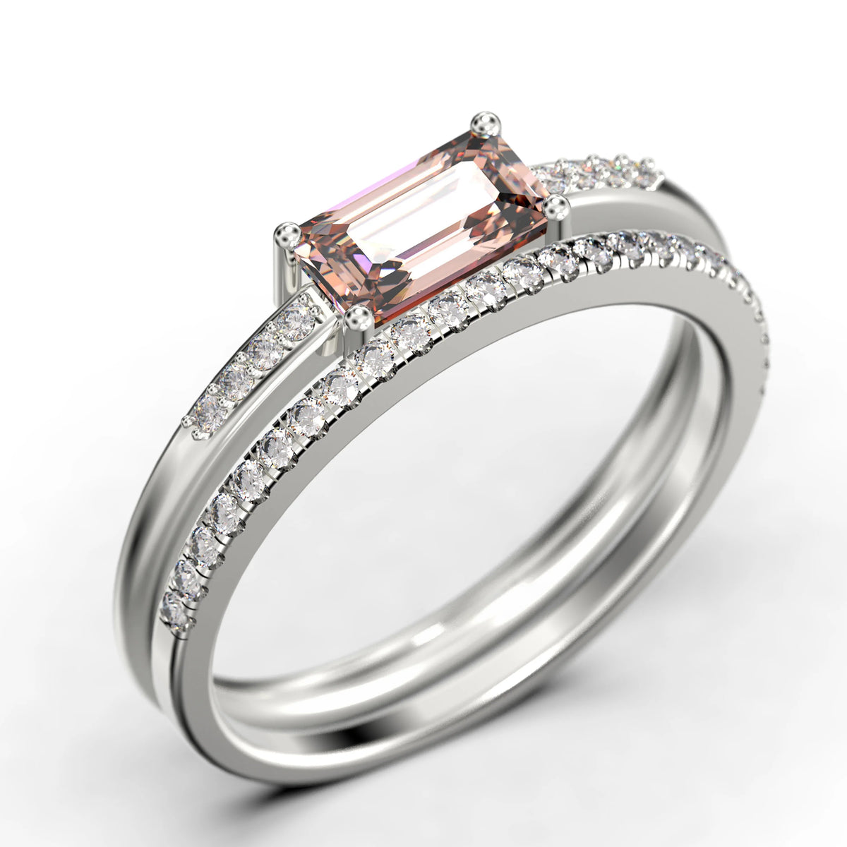 1.45 Carat Emerald Cut Morganite And Diamond Moissanite Engagement Ring in Silver With 18k White Gold Plating M776