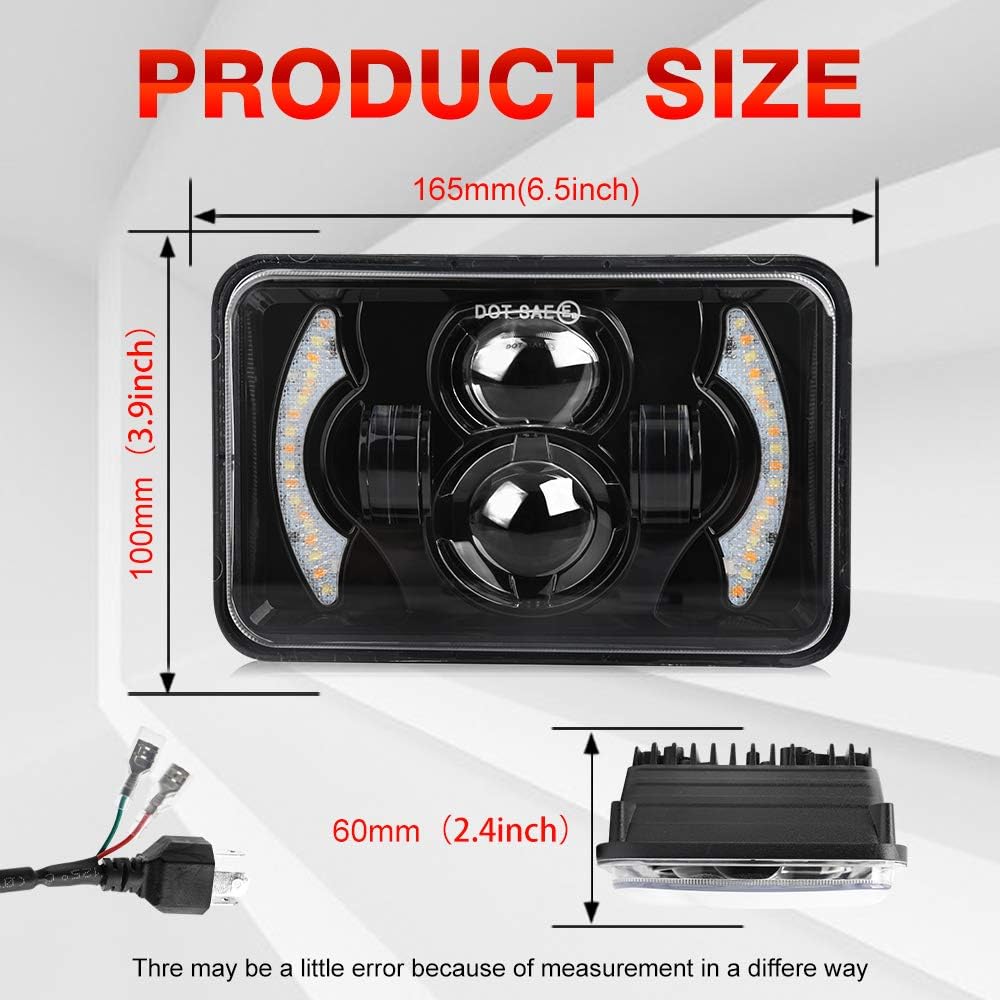 2pcs 4x6 Inch LED Headlights Sealed Beam 80W Amber Halo Rectangular Replacement Pack of 2 C2018