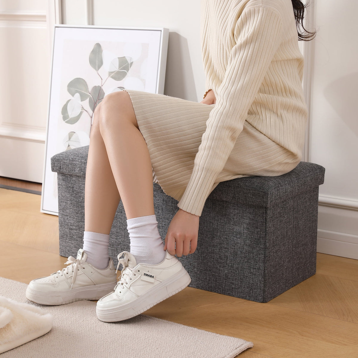 Linen Fabric Storage Ottoman Bench K354098