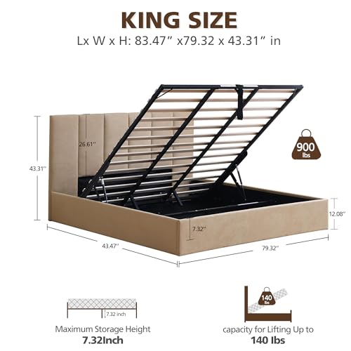 California King Size Lift-Up Storage Upholstered Platform Bed Beige H6948