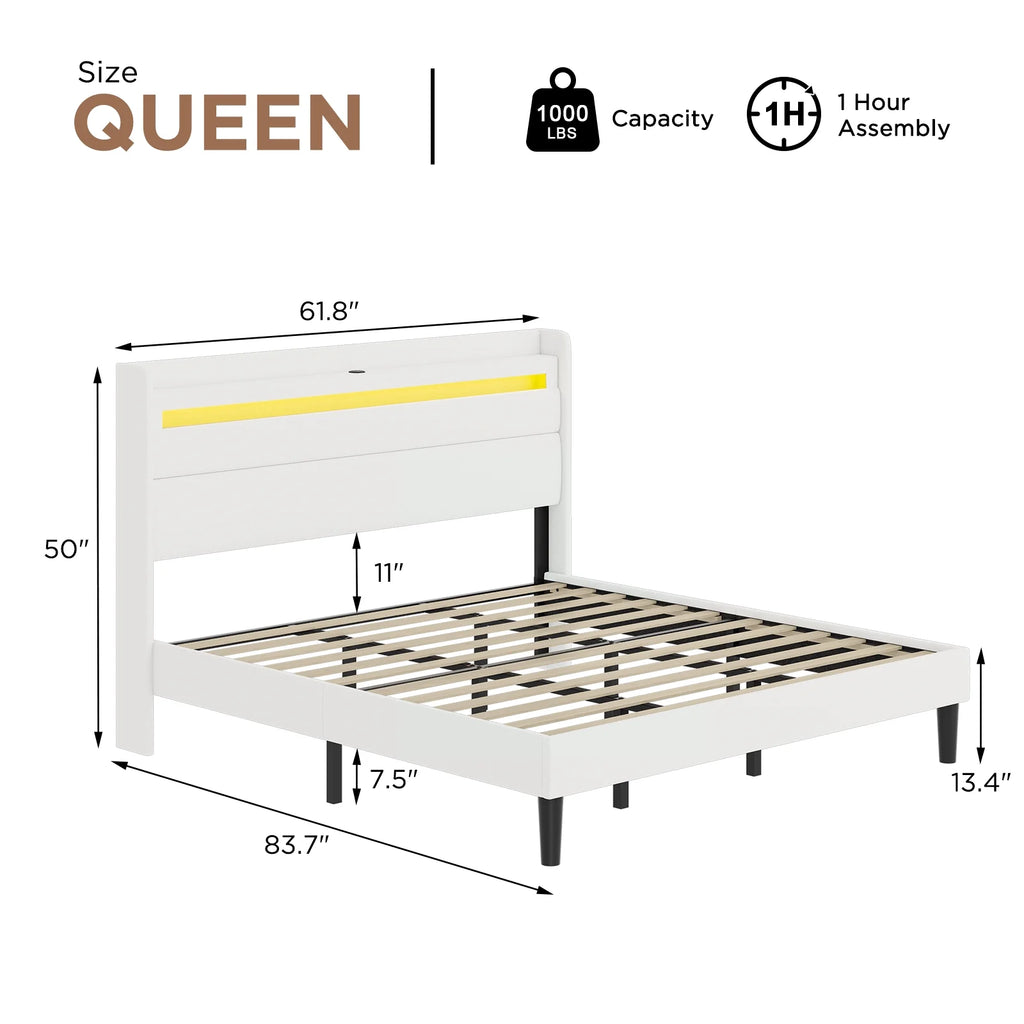 Queen Size White Linen Upholstered Platform Bed with Storage Headboard O2373