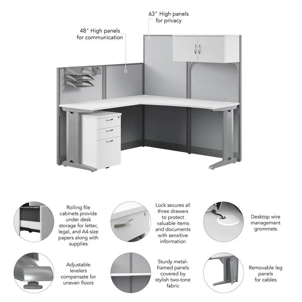 L Cubicle Desk with Storage in Pure White Engineered Wood Q787