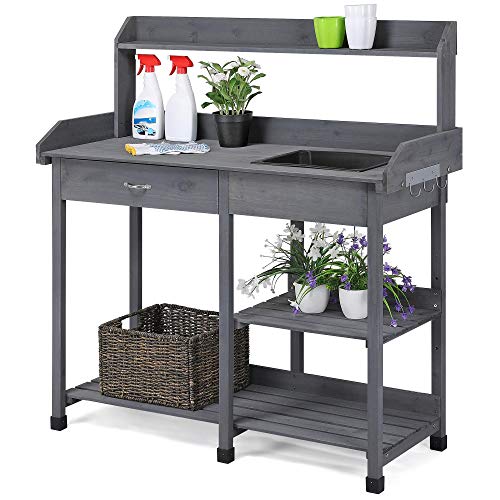 Natural Wood Potting Bench with Sink Drawer Rack Shelves P6531