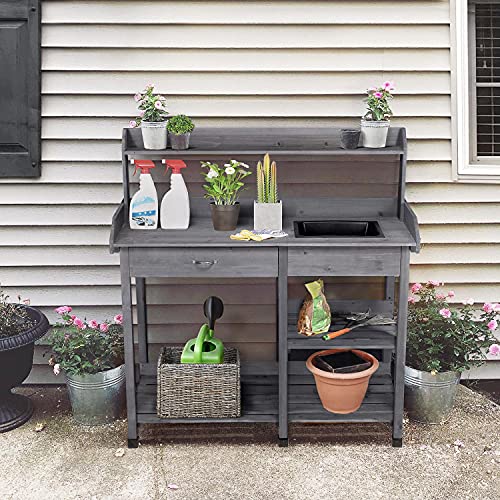 Natural Wood Potting Bench with Sink Drawer Rack Shelves P6531