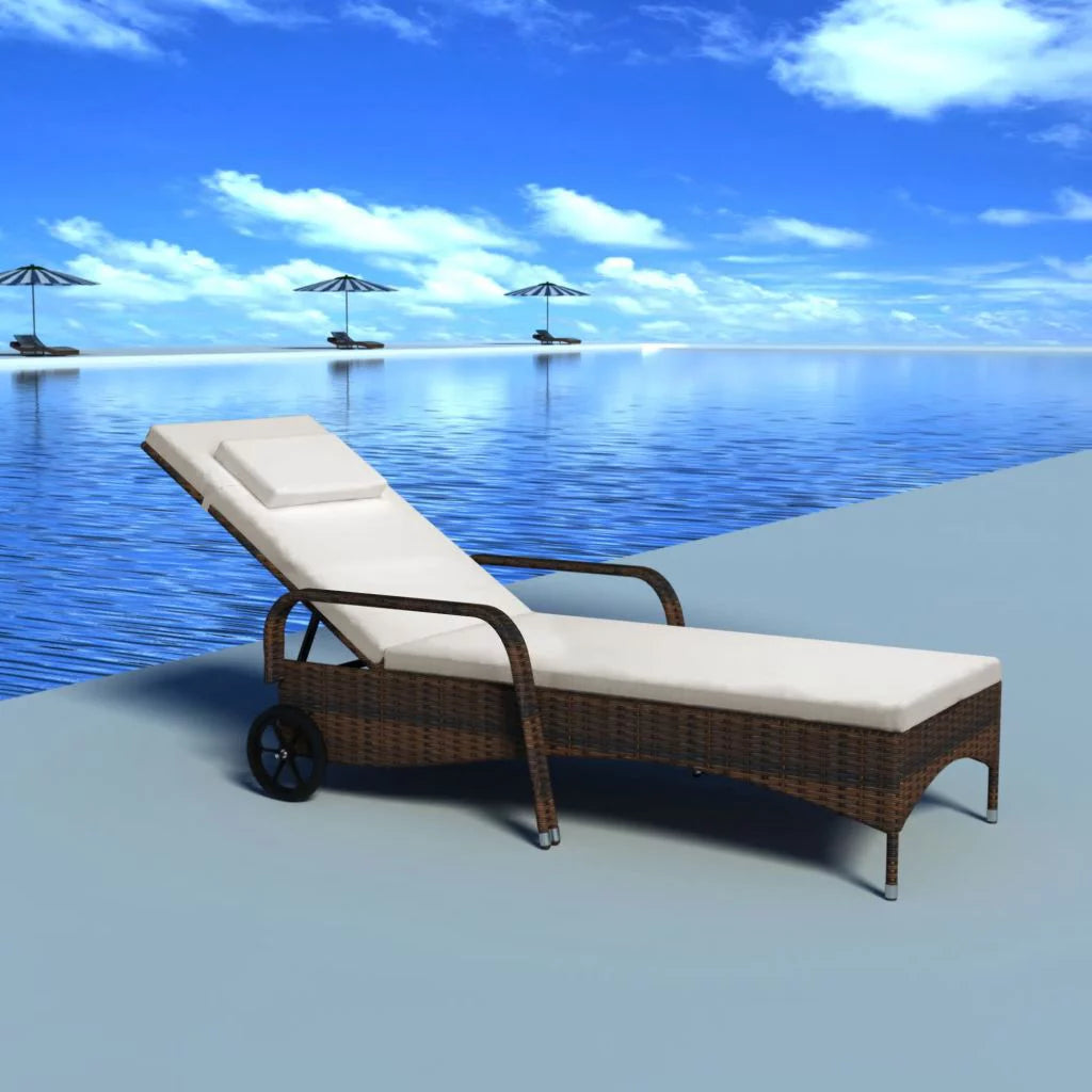 Brown Poly Rattan Chaise Lounge with Wheels P8811
