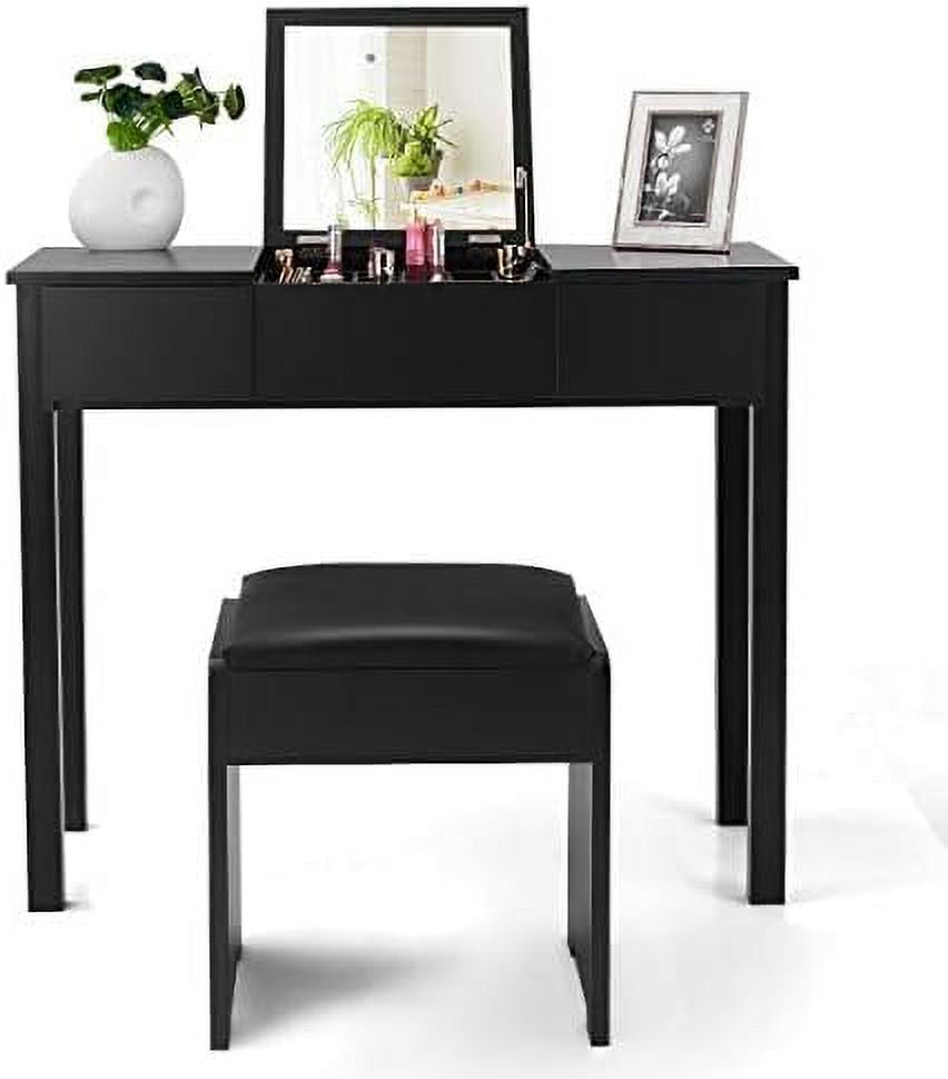 Black Vanity Set with Flip Top Mirror and Cushioned Stool Q4799