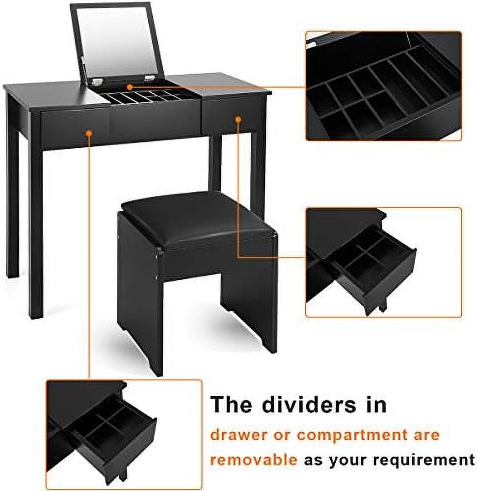 Black Vanity Set with Flip Top Mirror and Cushioned Stool Q4799