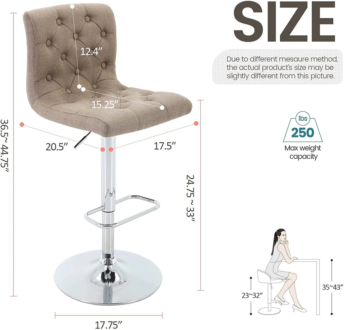 Tufted Swivel Bar Stool with Back, Fabric Upholstered Armless Bar Chair V352