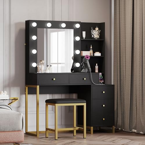 Black Makeup Vanity Desk with Mirror and Stool Q92945