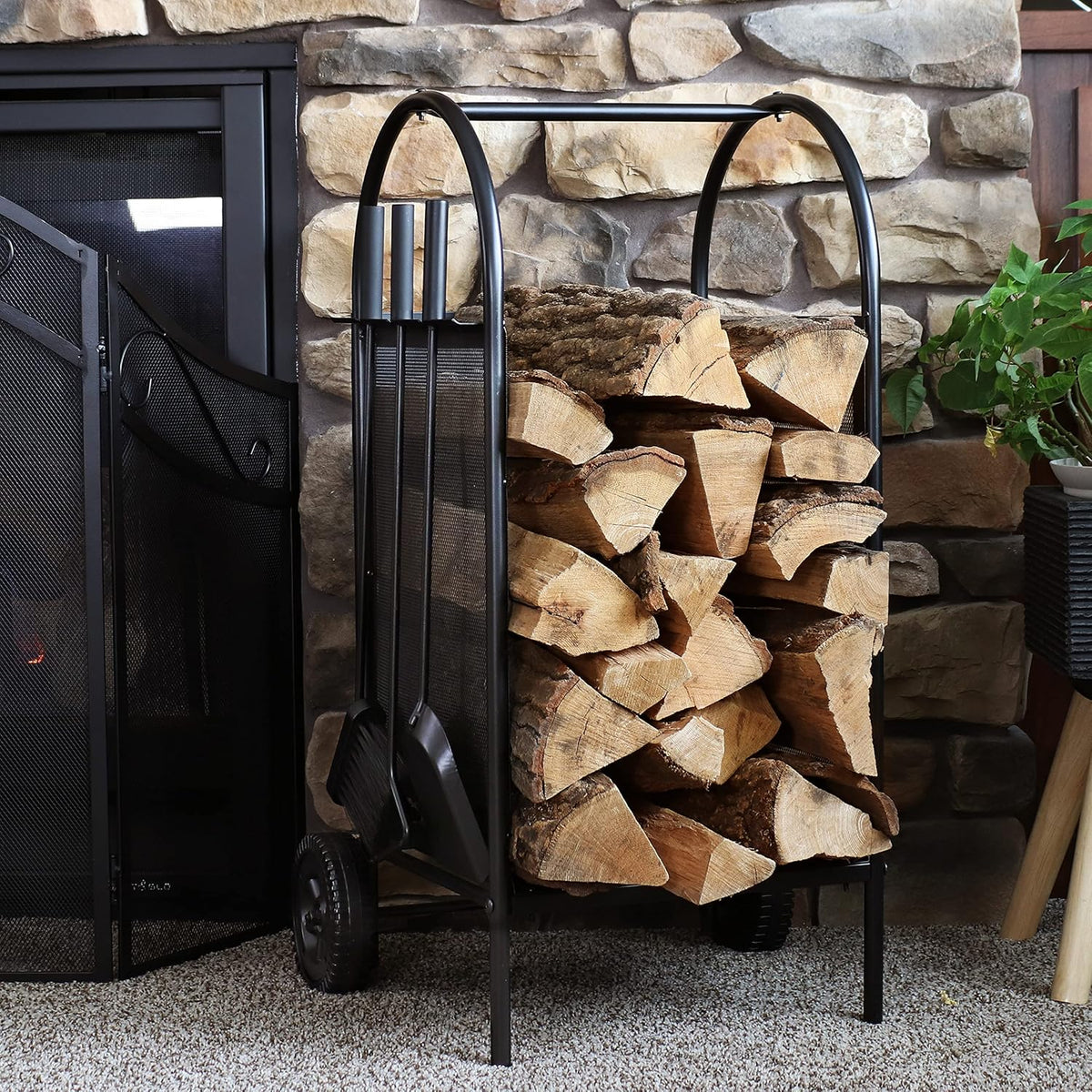 Wrought Iron Firewood Rack with Poker, Shovel and Brush Tools O15091