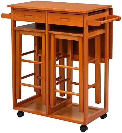 Drop Leaf Solid Wood Table and Stool Set with 2 Drawers L1972