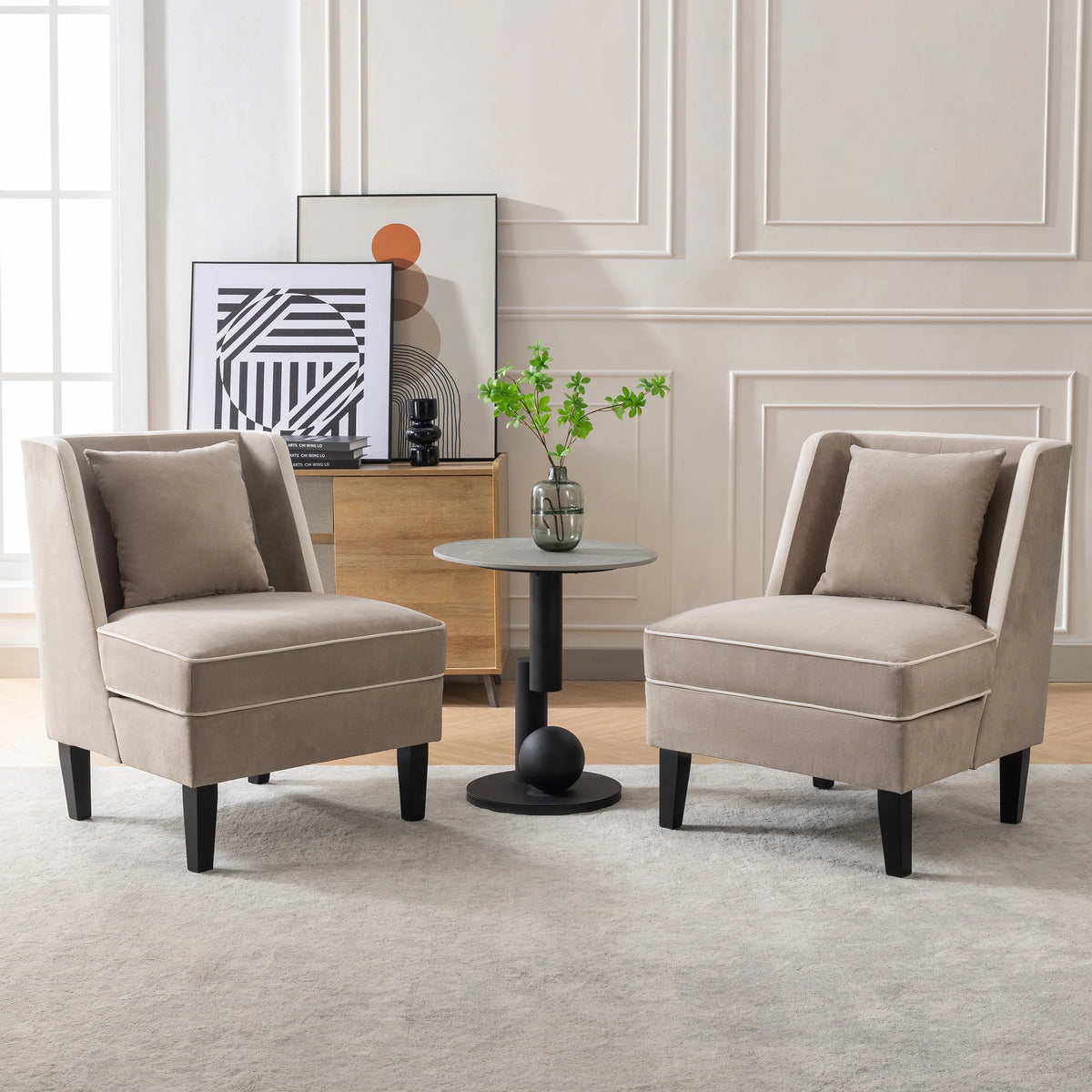 Velvet Upholstered Accent Chair with Cream Piping X89488