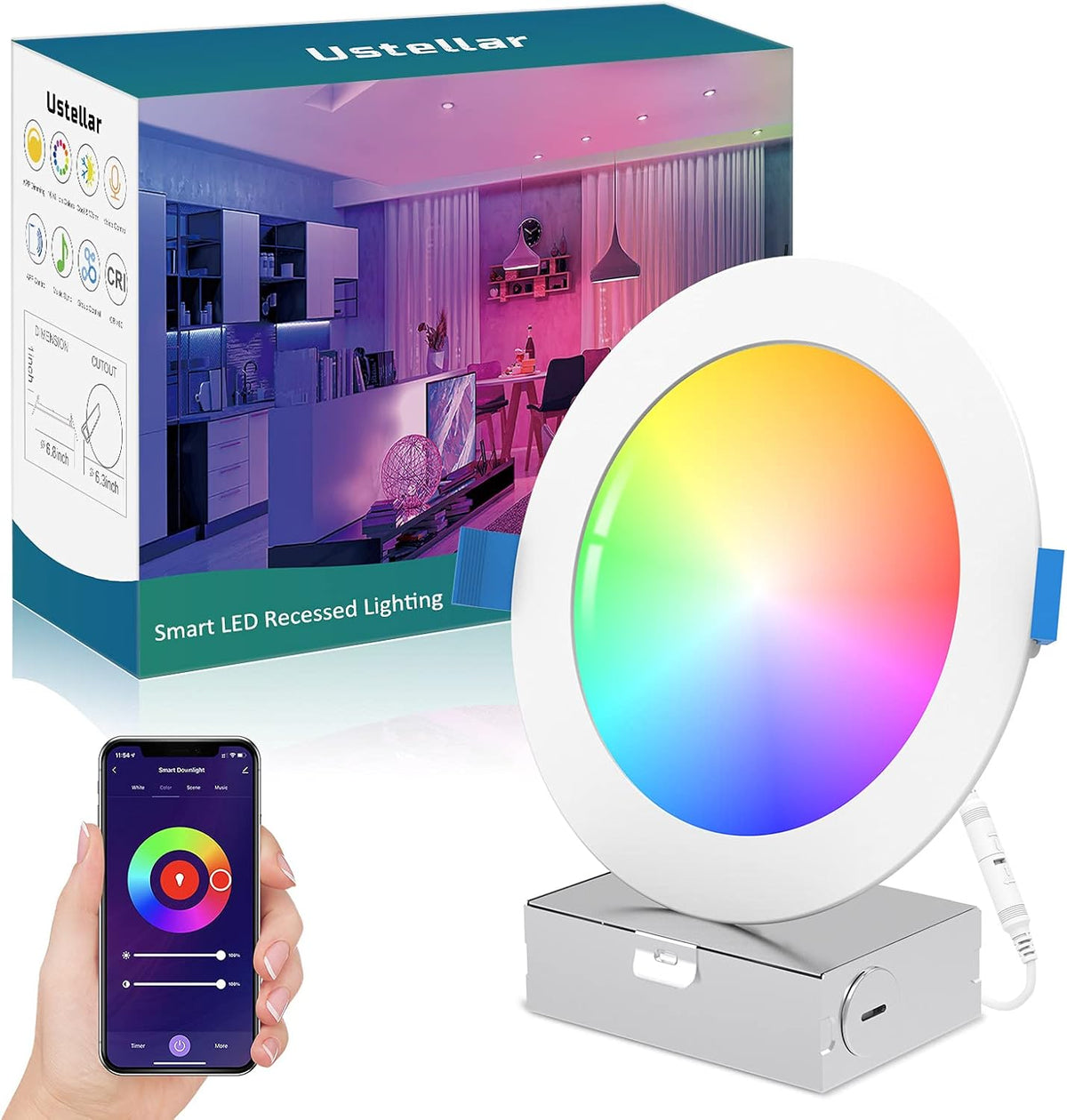 6 Inch WiFi RGBCW Retrofit LED Downlight, 15W 1100LM, 4 Packs V75465
