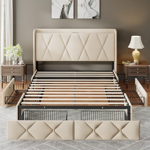 Light Grey Twin Upholstered Platform Bed Frame with 3 Storage Drawers Y1694