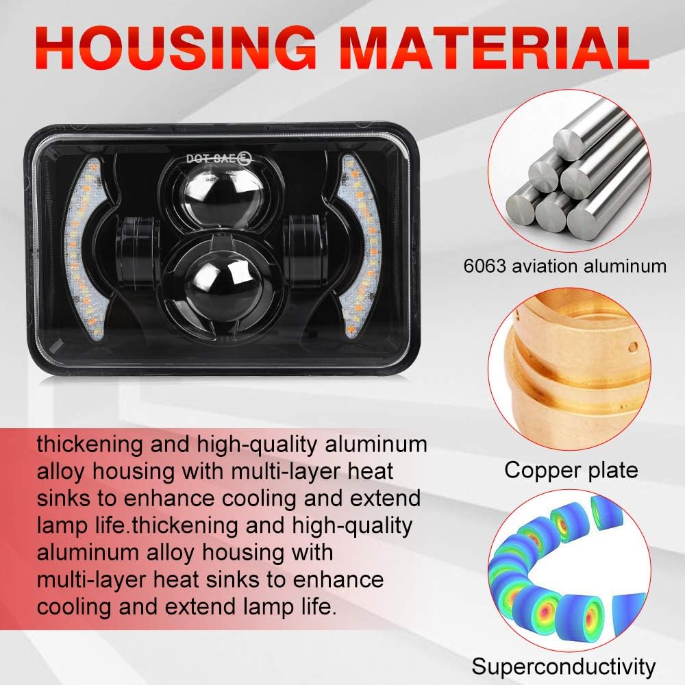 2pcs 4x6 Inch LED Headlights Sealed Beam 80W Amber Halo Rectangular Replacement Pack of 2 C2018